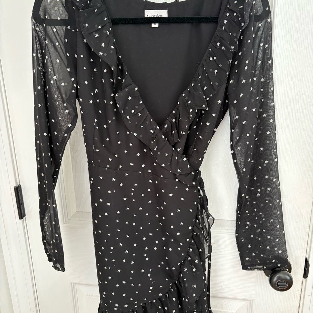 superdown Black Star-Print Wrap Mini Dress